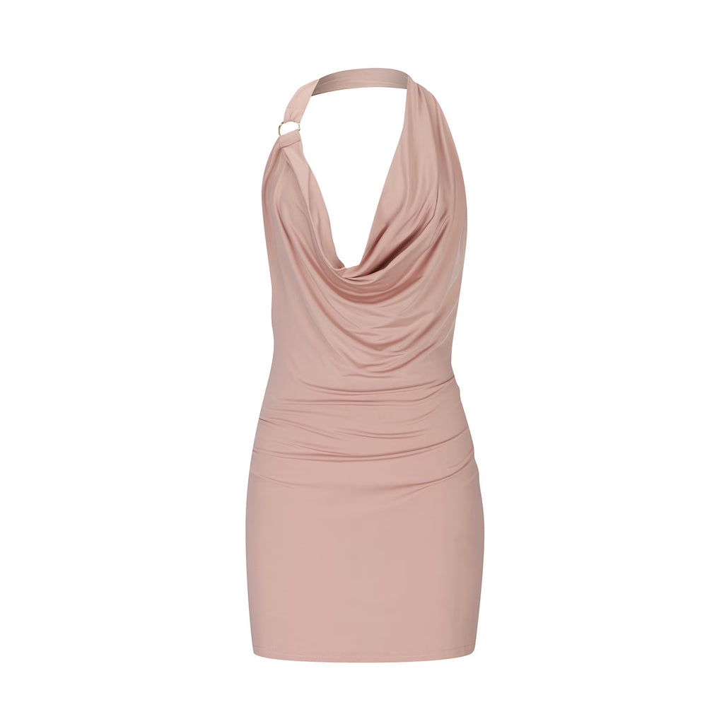 Summer Saving  Formal Dresses for Women Night Party Club Sexy off Shoulder Ruched Bodycon Halter Mini Dresses Sleeveless V-Neck Solid 2024 Summer Short Dress Brown S