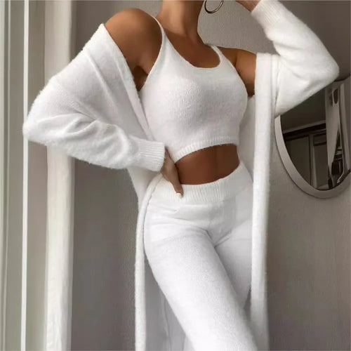 Cozy Chic Women's Winter 3-Piece Plush Pajama Set - Halter Top, High-Waisted Pants & Long Cardigan