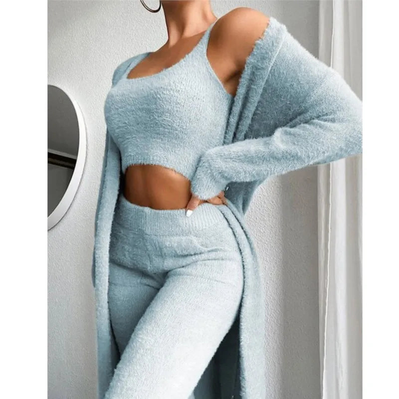 Cozy Chic Women's Winter 3-Piece Plush Pajama Set - Halter Top, High-Waisted Pants & Long Cardigan