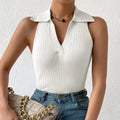 Summer Knit Polo Tee Tops for Women Sleeveless Vest Tanks Casual Fitted Cropped Knitwear Tops Sets