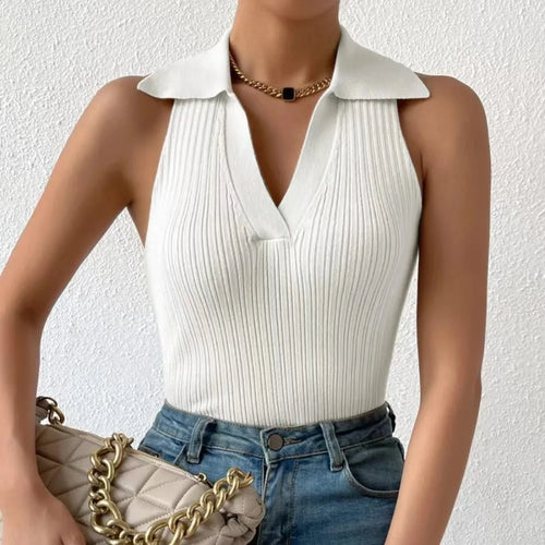 Summer Knit Polo Tee Tops for Women Sleeveless Vest Tanks Casual Fitted Cropped Knitwear Tops Sets
