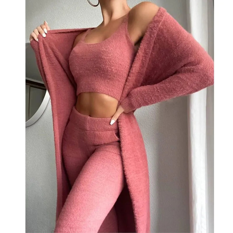 Cozy Chic Women's Winter 3-Piece Plush Pajama Set - Halter Top, High-Waisted Pants & Long Cardigan