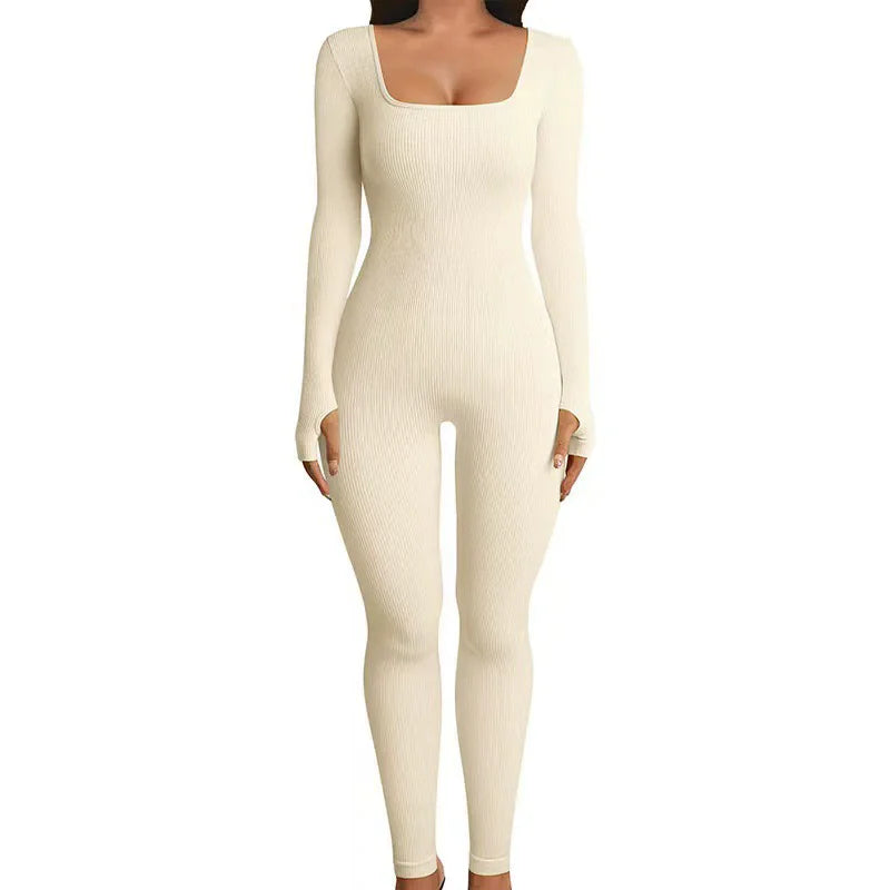 Solid Color Ribbed Yoga Jumpsuit, Seamless Slim Fit Long Sleeve Sports Bodysuit, Women'S Activewear