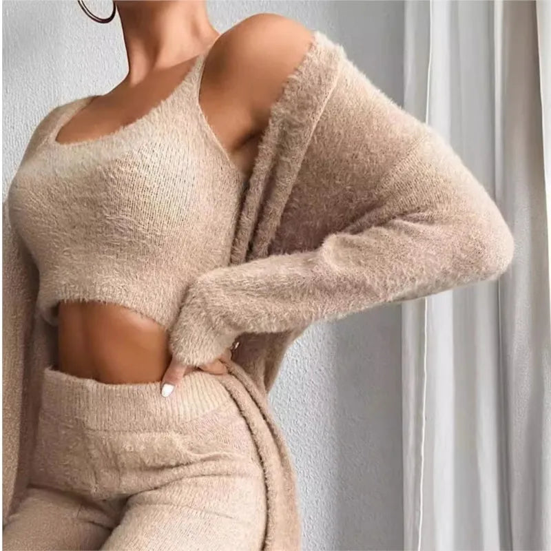 Cozy Chic Women's Winter 3-Piece Plush Pajama Set - Halter Top, High-Waisted Pants & Long Cardigan