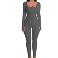 Solid Color Ribbed Yoga Jumpsuit, Seamless Slim Fit Long Sleeve Sports Bodysuit, Women'S Activewear