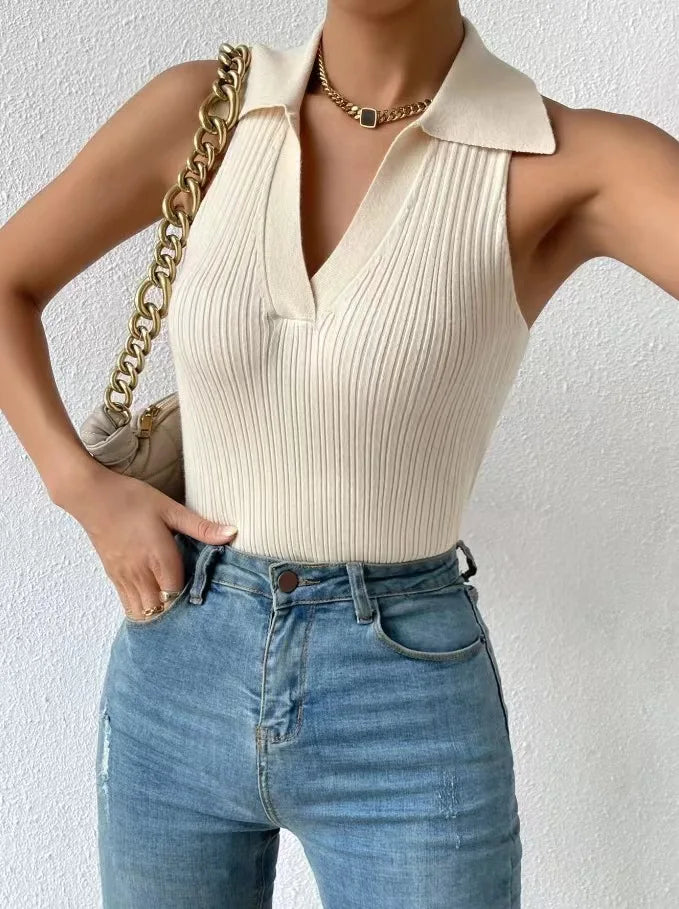 Summer Knit Polo Tee Tops for Women Sleeveless Vest Tanks Casual Fitted Cropped Knitwear Tops Sets