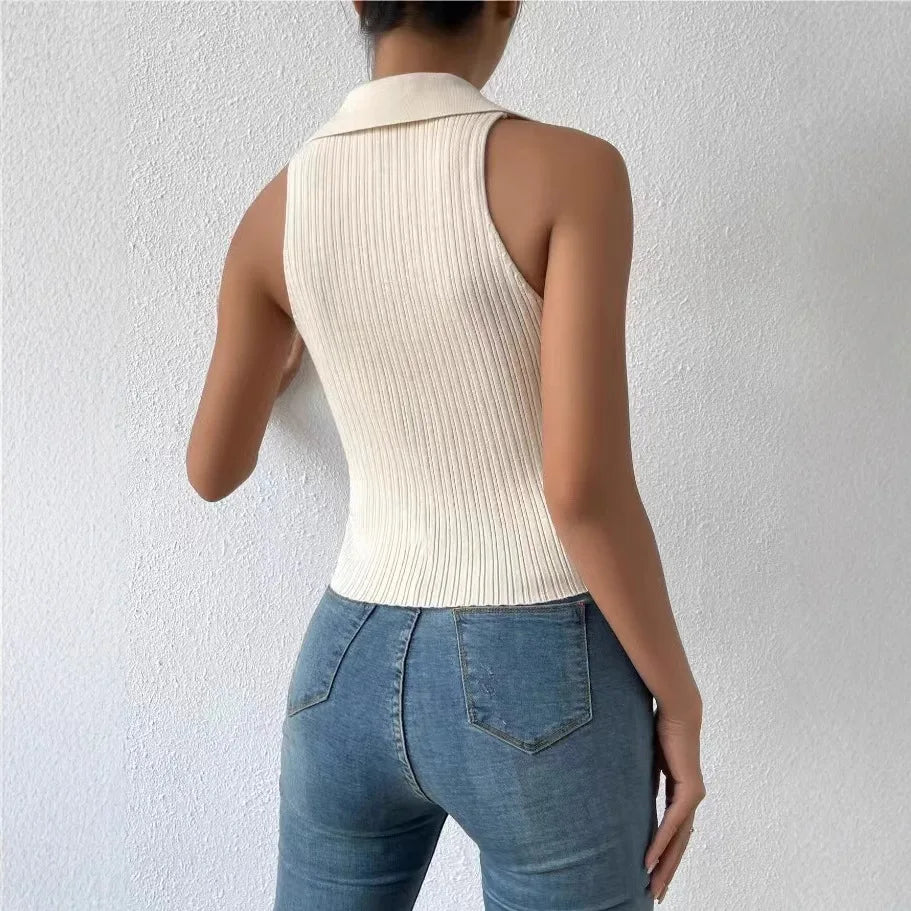 Summer Knit Polo Tee Tops for Women Sleeveless Vest Tanks Casual Fitted Cropped Knitwear Tops Sets