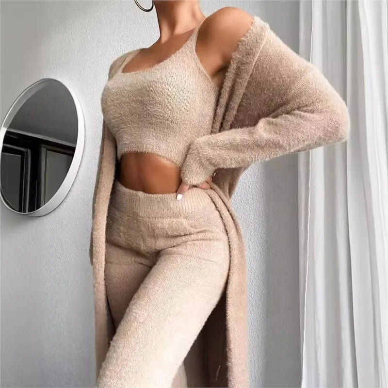 Cozy Chic Women's Winter 3-Piece Plush Pajama Set - Halter Top, High-Waisted Pants & Long Cardigan