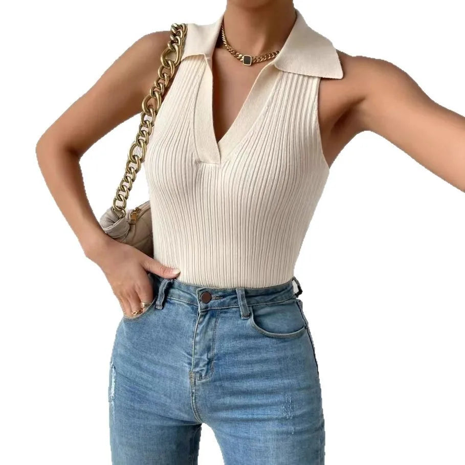 Summer Knit Polo Tee Tops for Women Sleeveless Vest Tanks Casual Fitted Cropped Knitwear Tops Sets