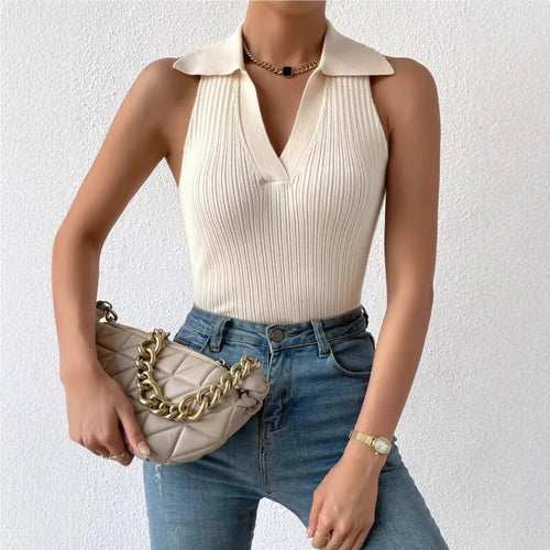 Summer Knit Polo Tee Tops for Women Sleeveless Vest Tanks Casual Fitted Cropped Knitwear Tops Sets